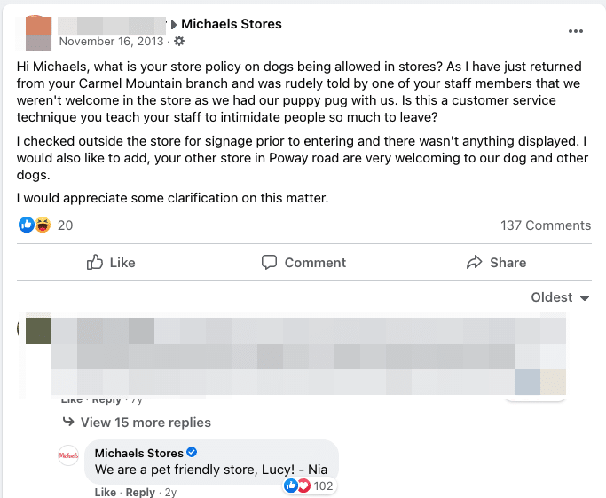 michaels dog policy