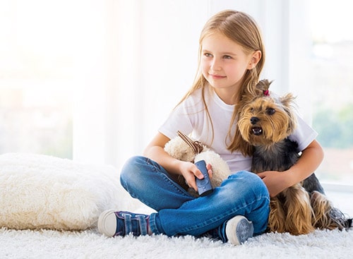 girl hugging yorkie