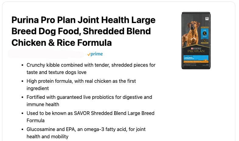 Purina Pro Plan Joint Health Large Breed Dog Food, Shredded Blend Chicken & Rice Formula